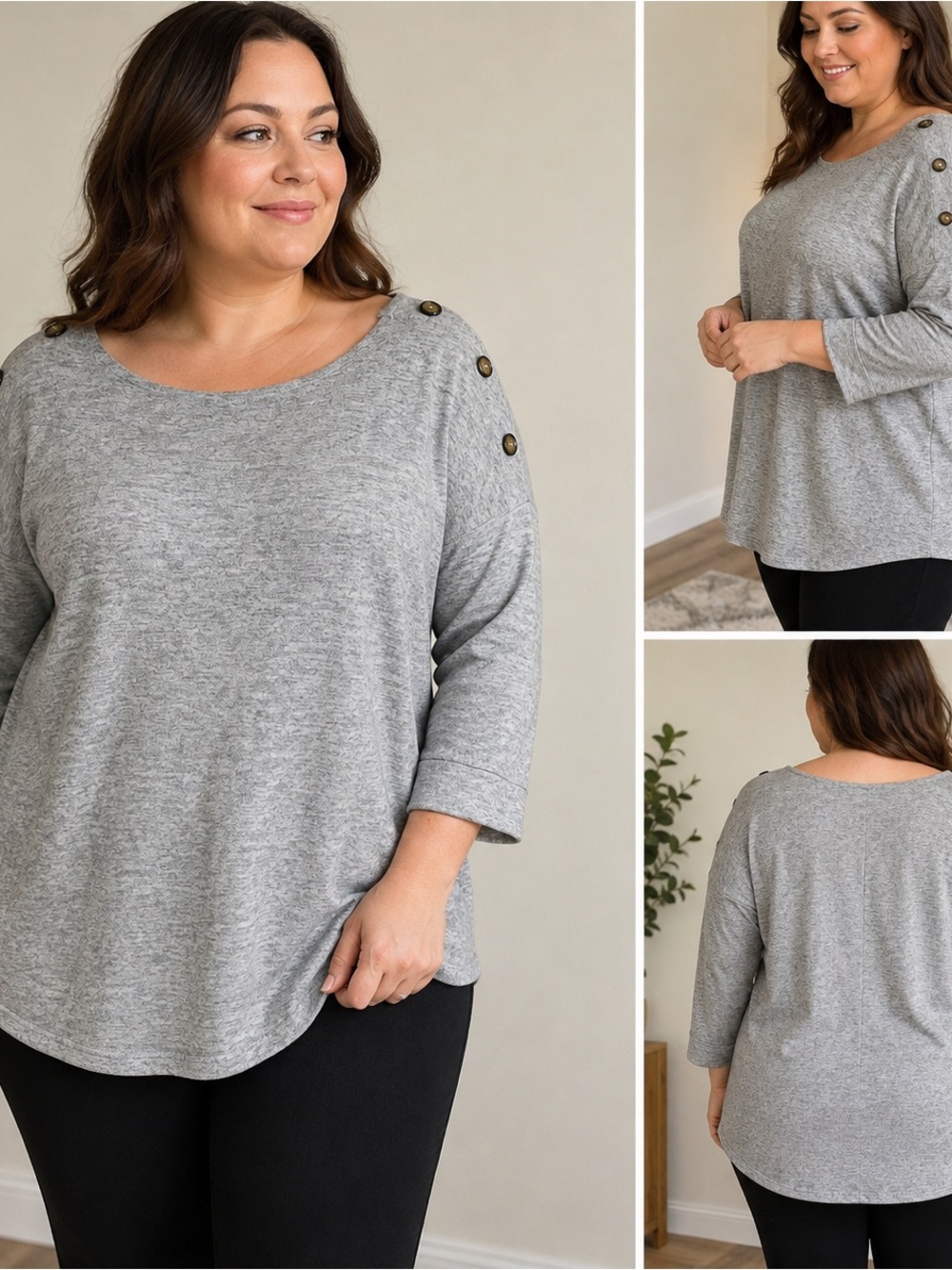 Plus-Size Heather Gray Button-Shoulder Women's Top
